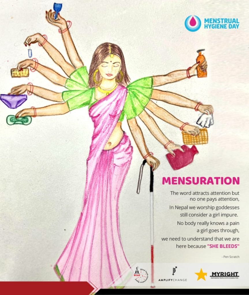 A women with 10 hands holding the sanitery kits like mensural cup, pads, tampoon and soaps and senitizer